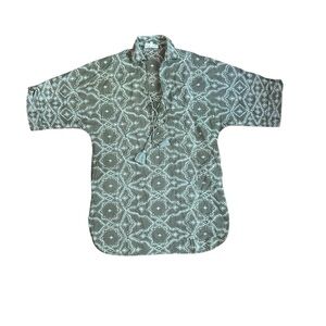 Omika Women Olive Green Geometric Cotton Linen Lace Up Tassel Tunic Top XS S